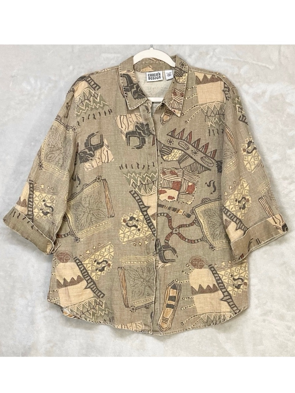 Chicos 100% Linen Tribal Ethnic Button Up Blouse Womens Sz 2